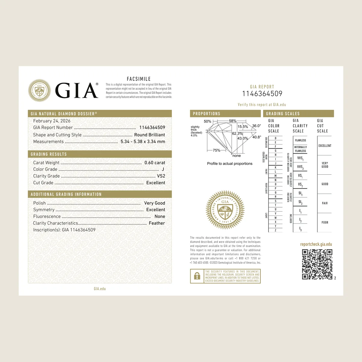 0.60ct Round J VS2 GIA · 0.60 ct, J colour, VS2 clarity, GIA certified