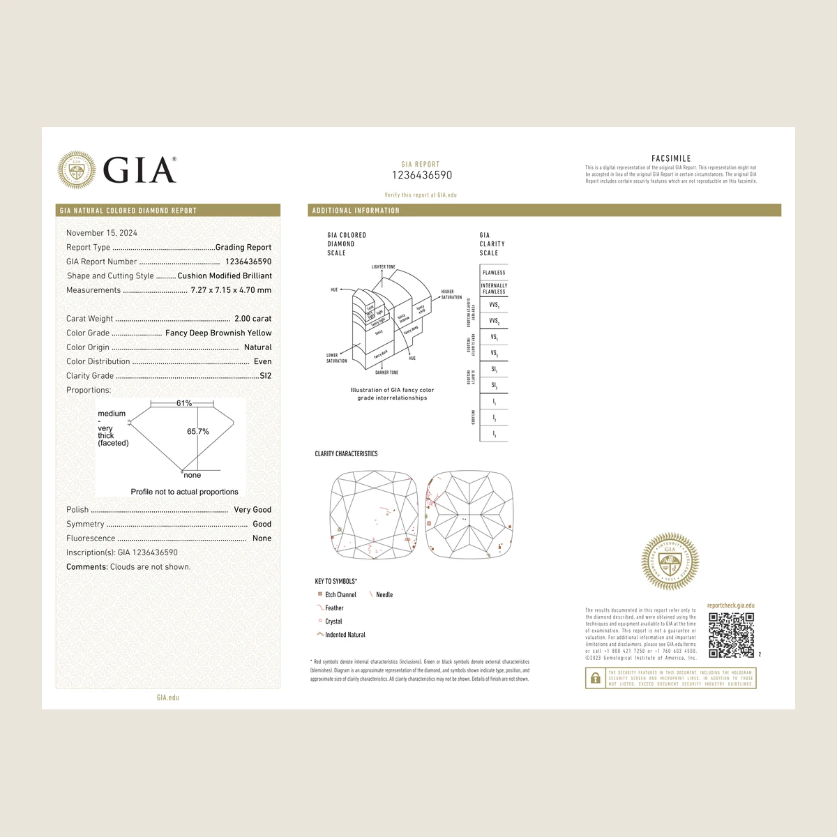 2.00ct Cushion Fancy Deep Brownish Yellow SI2 GIA · 2 ct, Fancy Deep Brownish Yellow colour, SI2 clarity, GIA certified