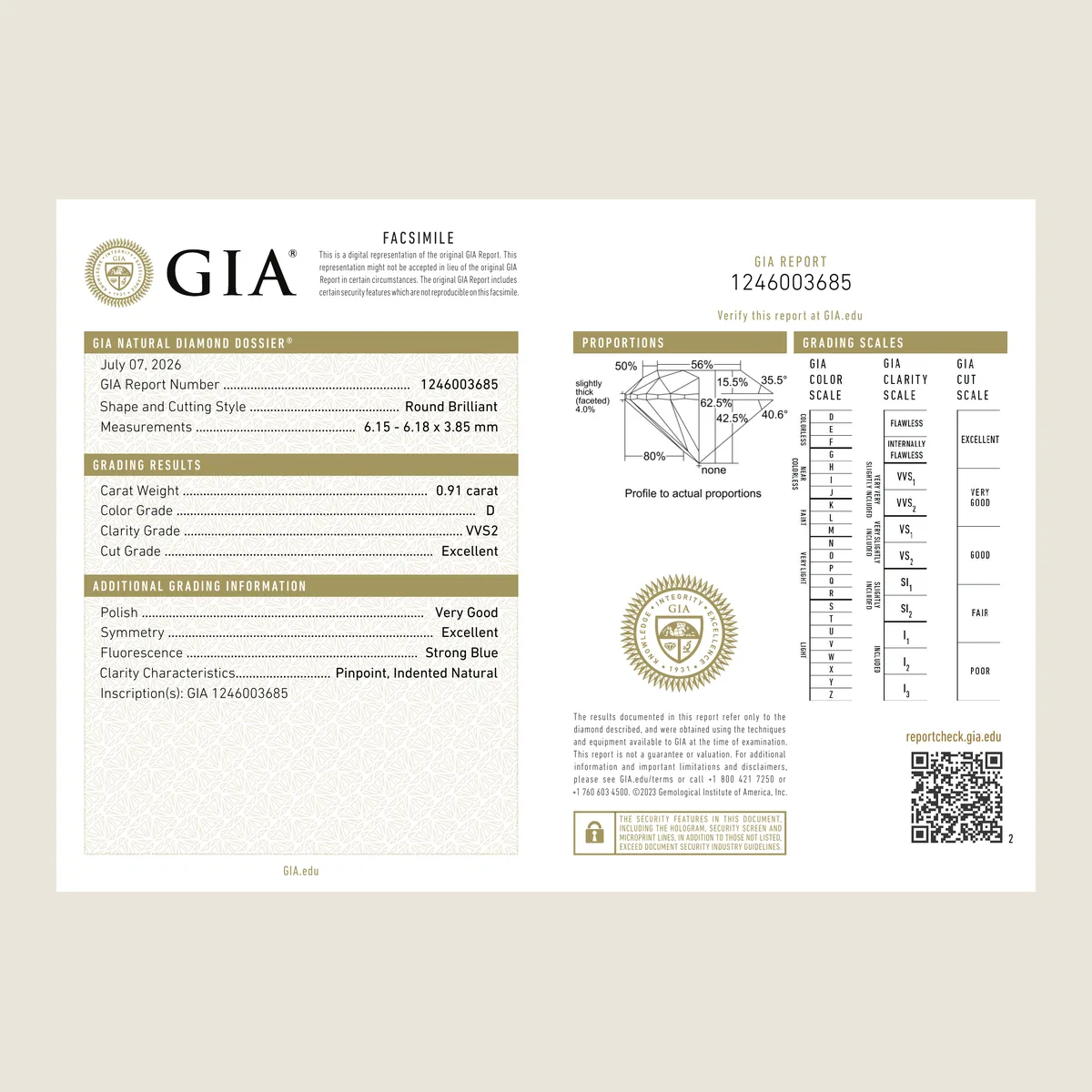 0.91ct Round D VVS2 GIA · 0.91 ct, D colour, VVS2 clarity, GIA certified