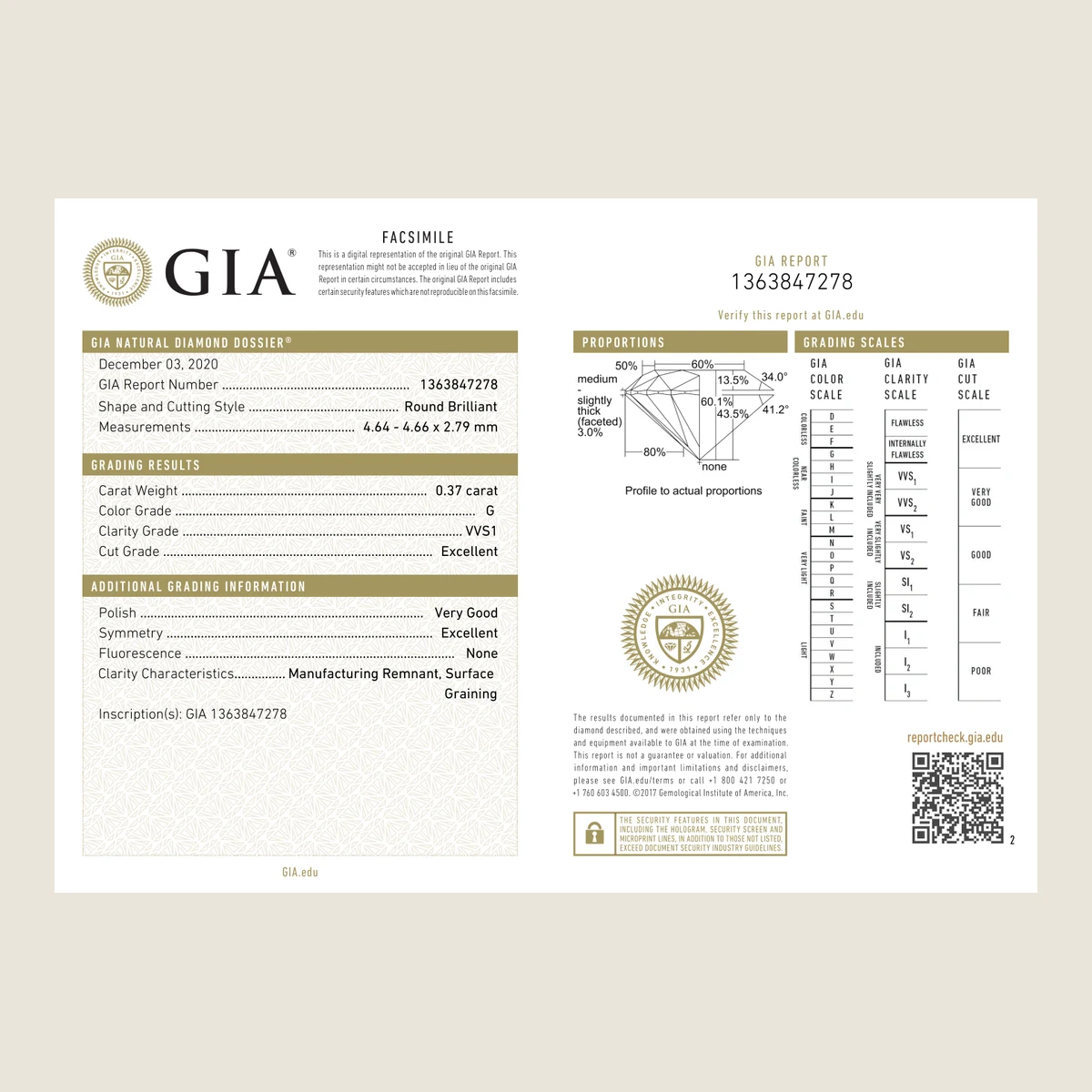 0.37ct Round G VVS1 GIA · 0.37 ct, G colour, VVS1 clarity, GIA certified