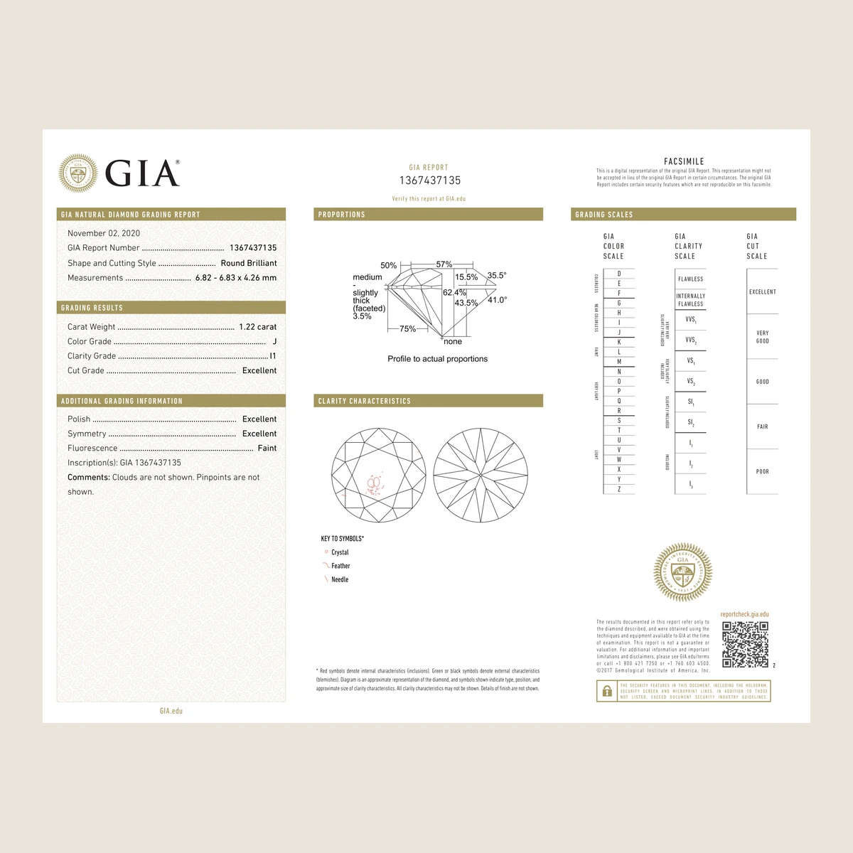 1.22ct Round J I1 GIA · 1.22 ct, J colour, I1 clarity, GIA certified
