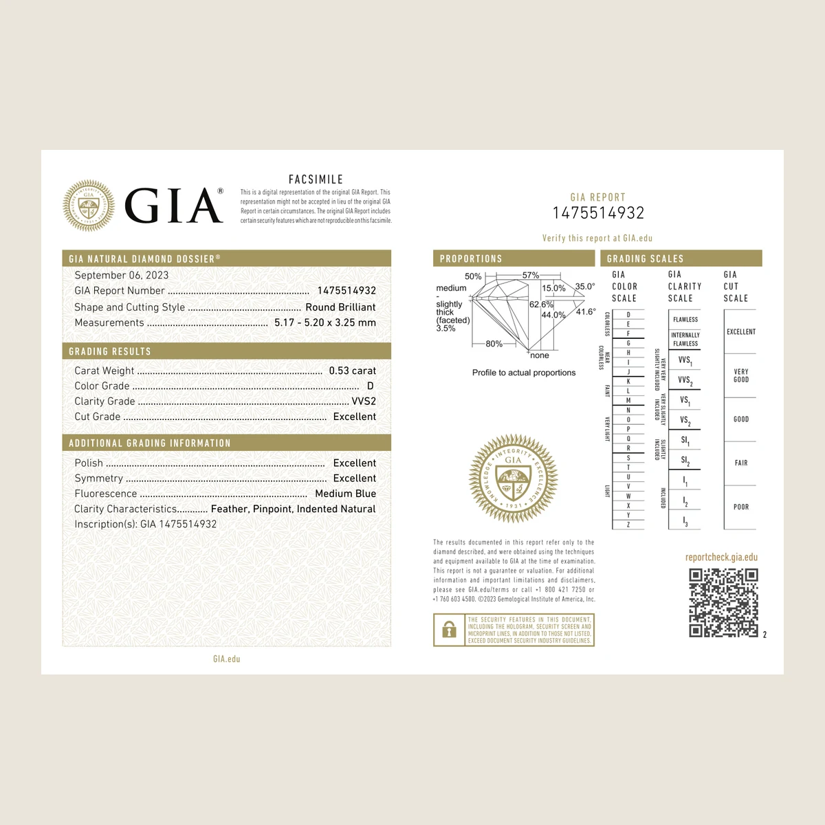 0.53ct Round D VVS2 GIA · 0.53 ct, D colour, VVS2 clarity, GIA certified
