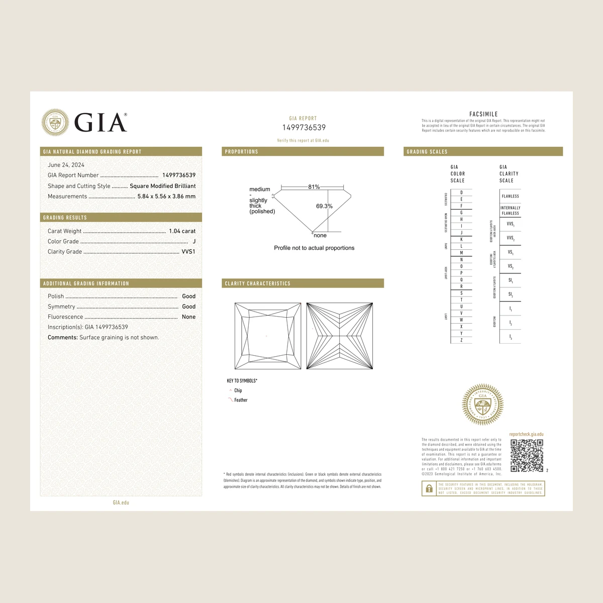 1.04ct Princess J VVS1 GIA · 1.04 ct, J colour, VVS1 clarity, GIA certified
