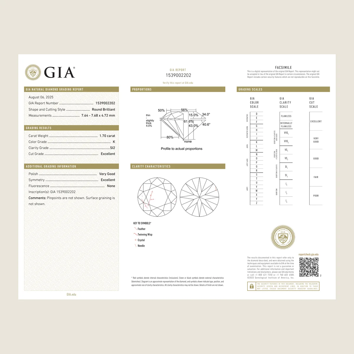 1.70ct Round K SI2 GIA · 1.70 ct, K colour, SI2 clarity, GIA certified