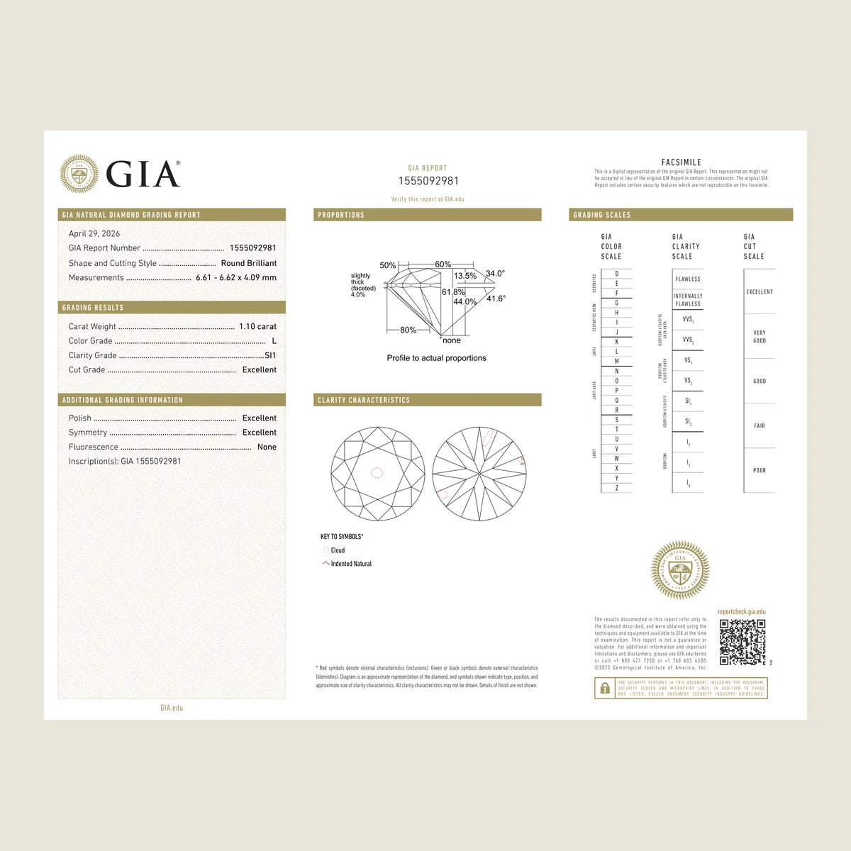 1.10ct Round L SI1 GIA · 1.10 ct, L colour, SI1 clarity, GIA certified
