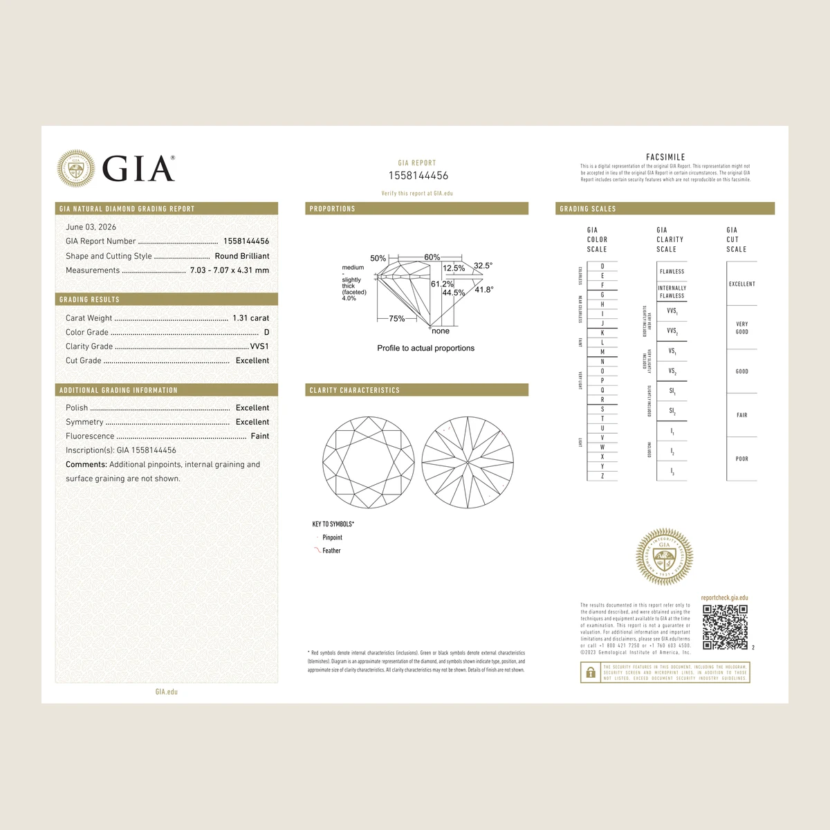 1.31ct Round D VVS1 GIA · 1.31 ct, D colour, VVS1 clarity, GIA certified