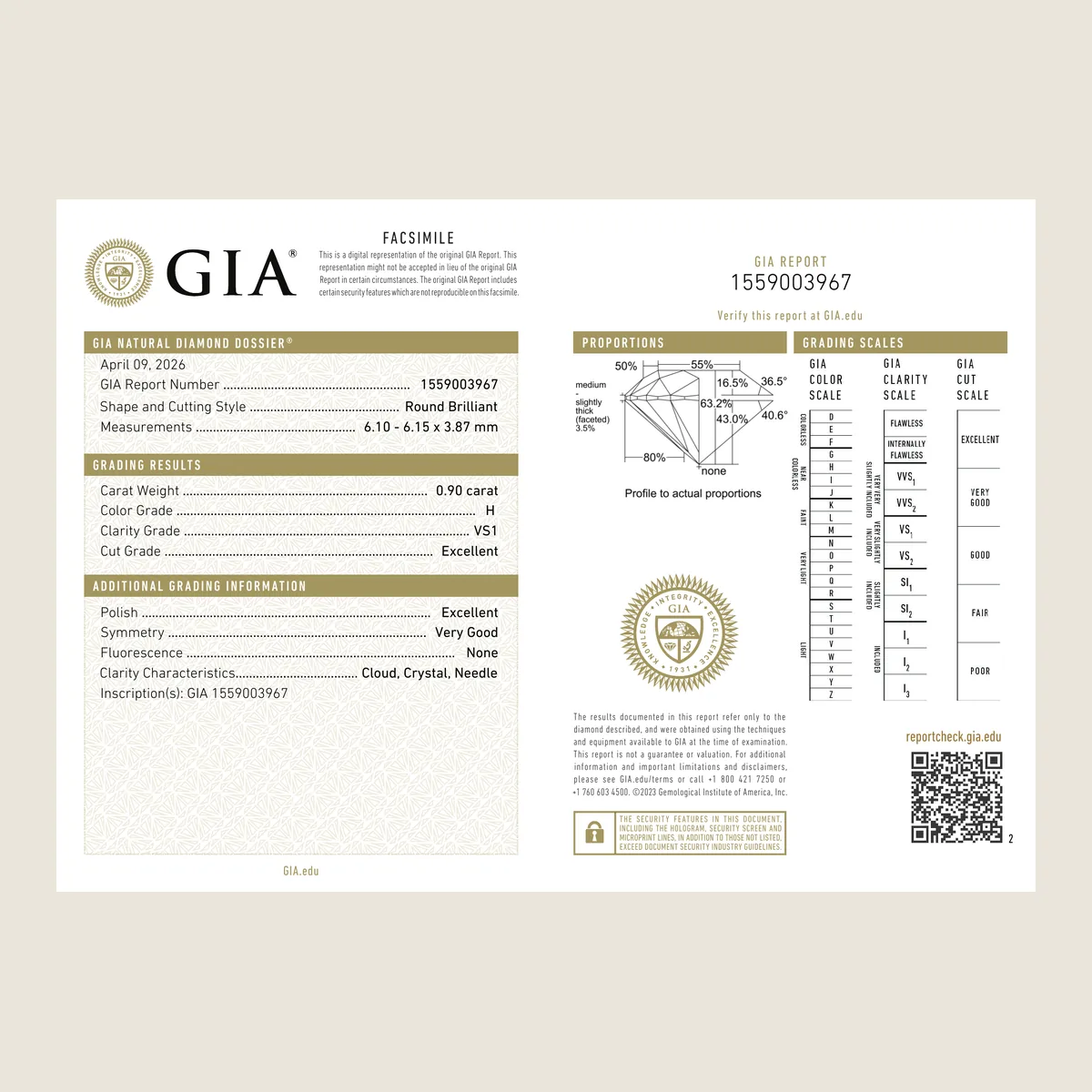 0.90ct Round H VS1 GIA · 0.90 ct, H colour, VS1 clarity, GIA certified