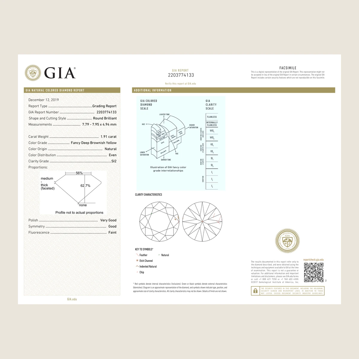 1.91ct Round Fancy Deep Brownish Yellow SI2 GIA · 1.91 ct, Fancy Deep Brownish Yellow colour, SI2 clarity, GIA certified