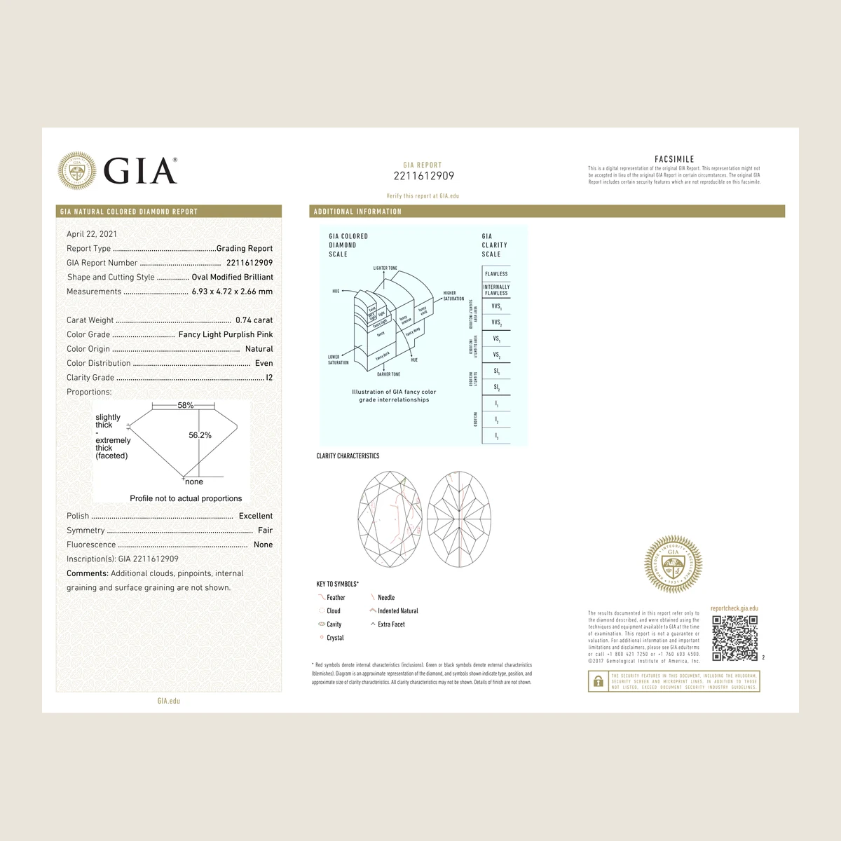 0.74ct Oval Light Fancy Purplish Pink I2 GIA · 0.74 ct, Light Fancy Purplish Pink colour, I2 clarity, GIA certified
