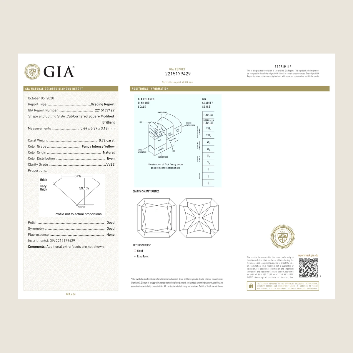 0.72ct Radiant Fancy Intense Yellow VVS2 GIA · 0.72 ct, Fancy Intense Yellow colour, VVS2 clarity, GIA certified