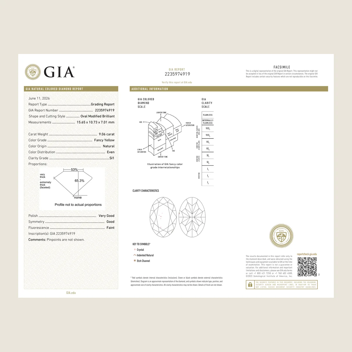 9.06ct Oval FANCY YELLOW SI1 GIA · 9.06 ct, FANCY YELLOW colour, SI1 clarity, GIA certified