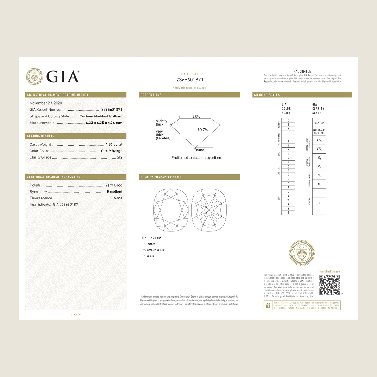 1.53ct Cushion O SI2 GIA · 1.53 ct, O colour, SI2 clarity, GIA certified