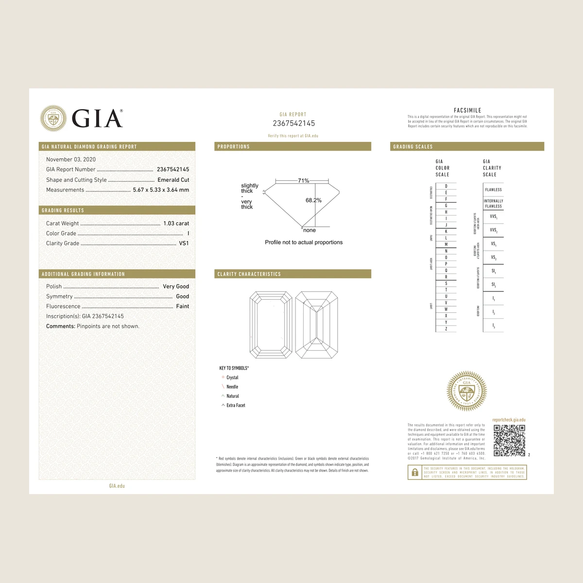 1.03ct Emerald I VS1 GIA · 1.03 ct, I colour, VS1 clarity, GIA certified