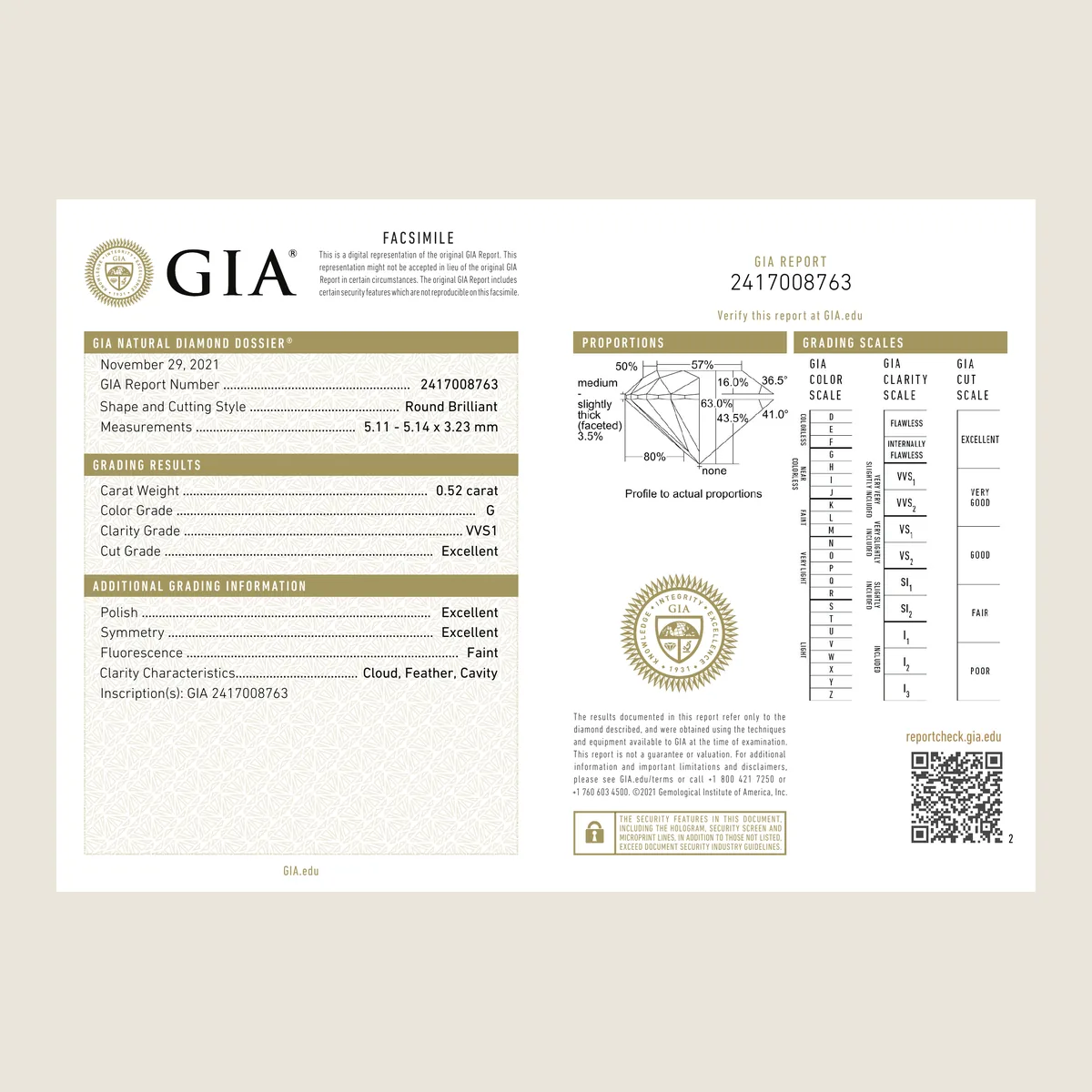 0.52ct Round G VVS1 GIA · 0.52 ct, G colour, VVS1 clarity, GIA certified