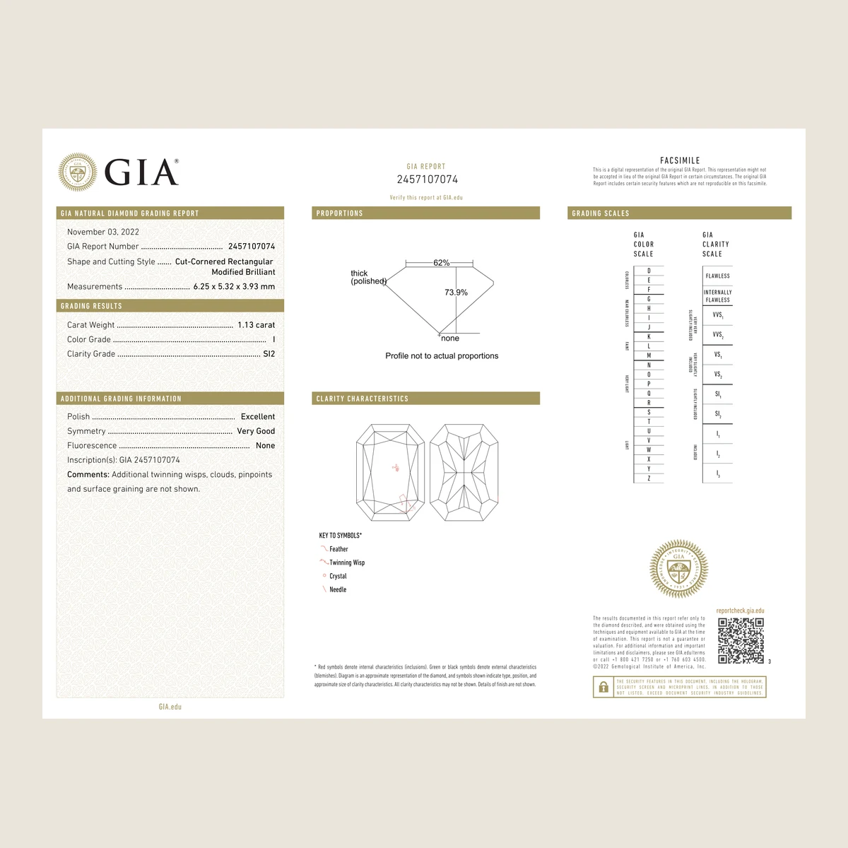 1.13ct Cushion I SI2 GIA · 1.13 ct, I colour, SI2 clarity, GIA certified