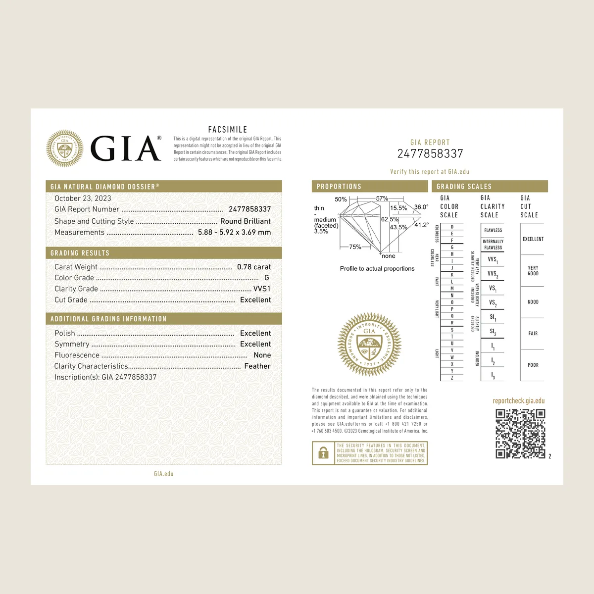 0.78ct Round G VVS1 GIA · 0.78 ct, G colour, VVS1 clarity, GIA certified