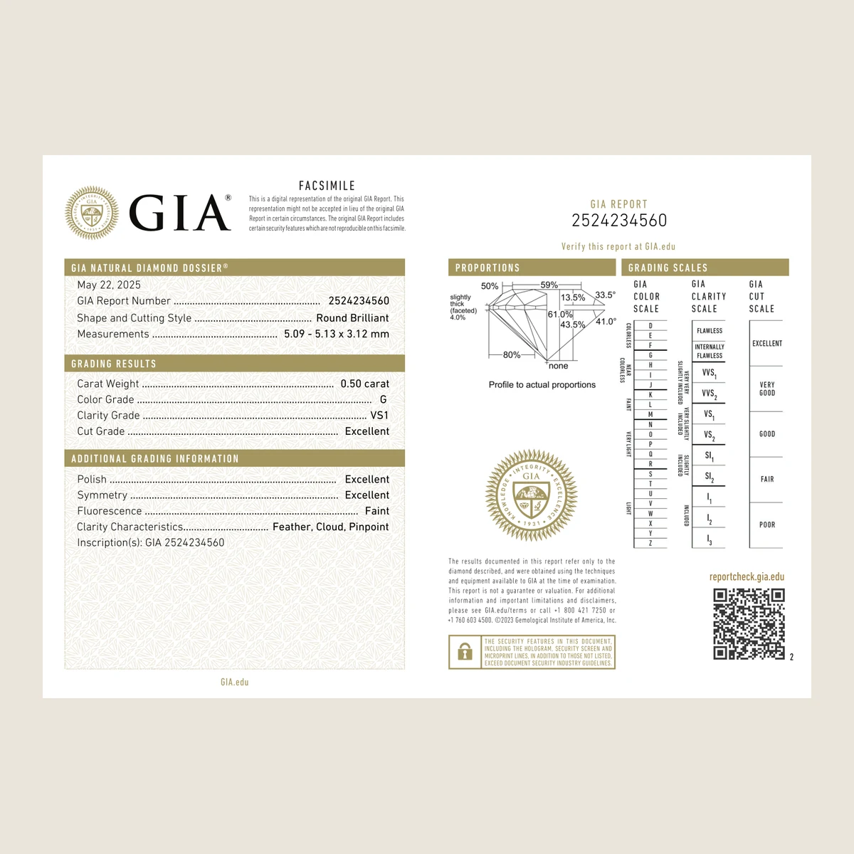 0.50ct Round G VS1 GIA · 0.5 ct, G colour, VS1 clarity, GIA certified