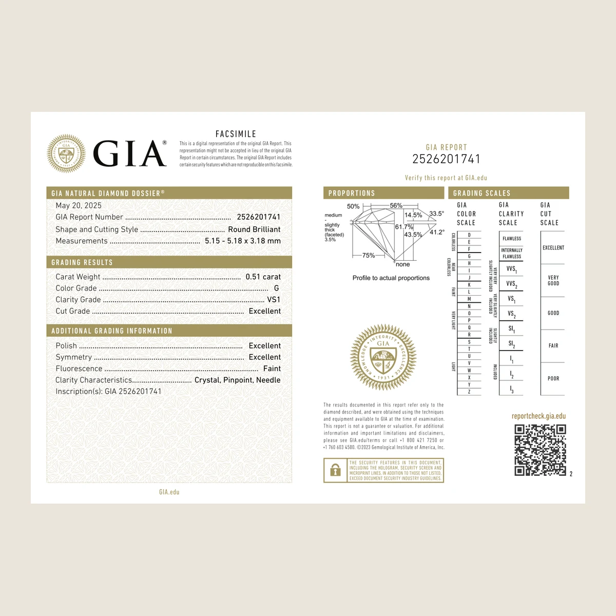 0.51ct Round G VS1 GIA · 0.51 ct, G colour, VS1 clarity, GIA certified