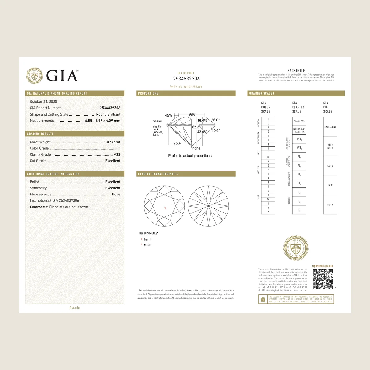1.09ct Round I VS2 GIA · 1.09 ct, I colour, VS2 clarity, GIA certified