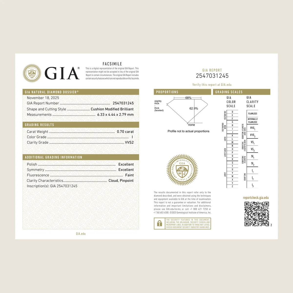 0.70ct Cushion I VVS2 GIA · 0.70 ct, I colour, VVS2 clarity, GIA certified