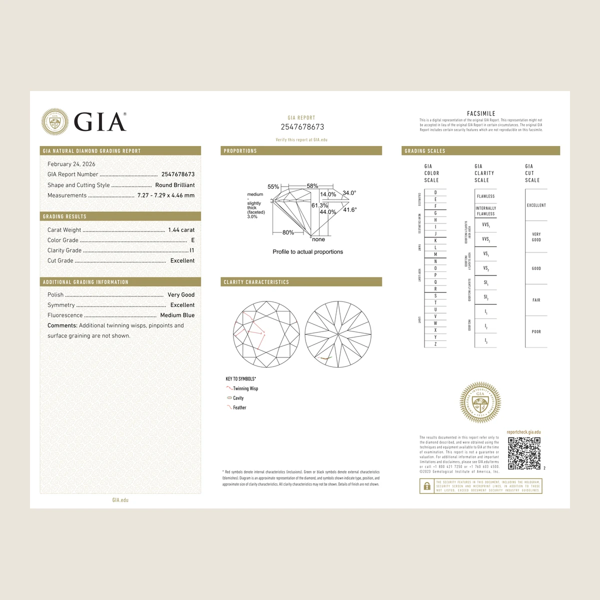 1.44ct Round E I1 GIA · 1.44 ct, E colour, I1 clarity, GIA certified