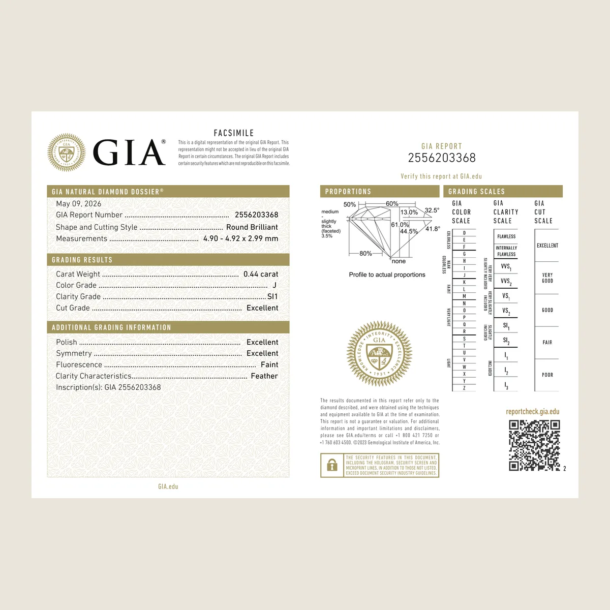 0.44ct Round J SI1 GIA · 0.44 ct, J colour, SI1 clarity, GIA certified