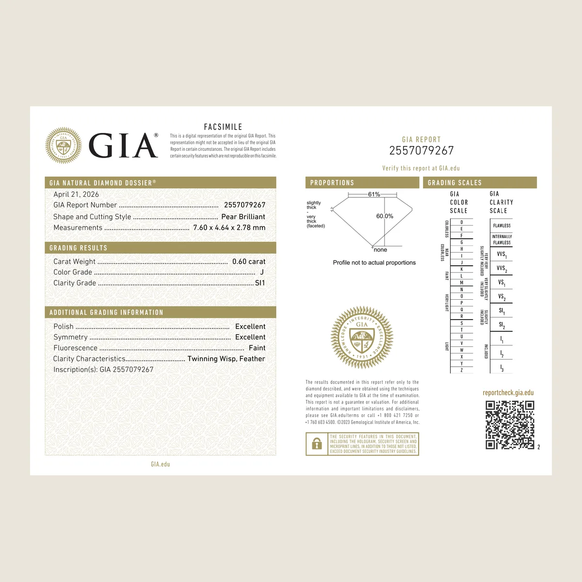 0.60ct Pear J SI1 GIA · 0.60 ct, J colour, SI1 clarity, GIA certified