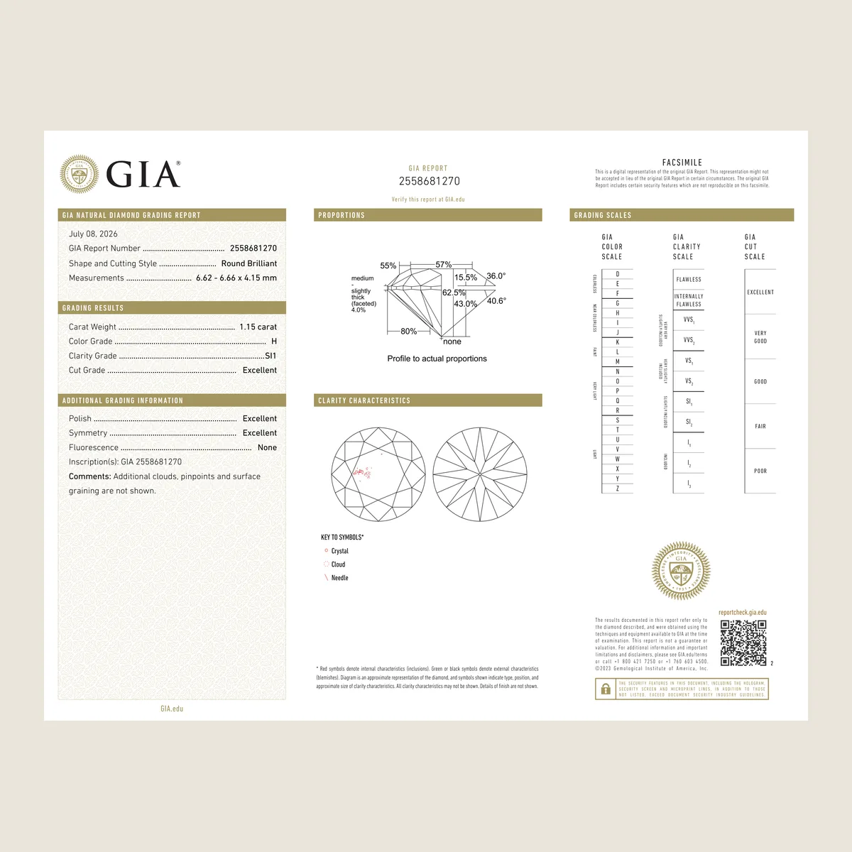 1.15ct Round H SI1 GIA · 1.15 ct, H colour, SI1 clarity, GIA certified