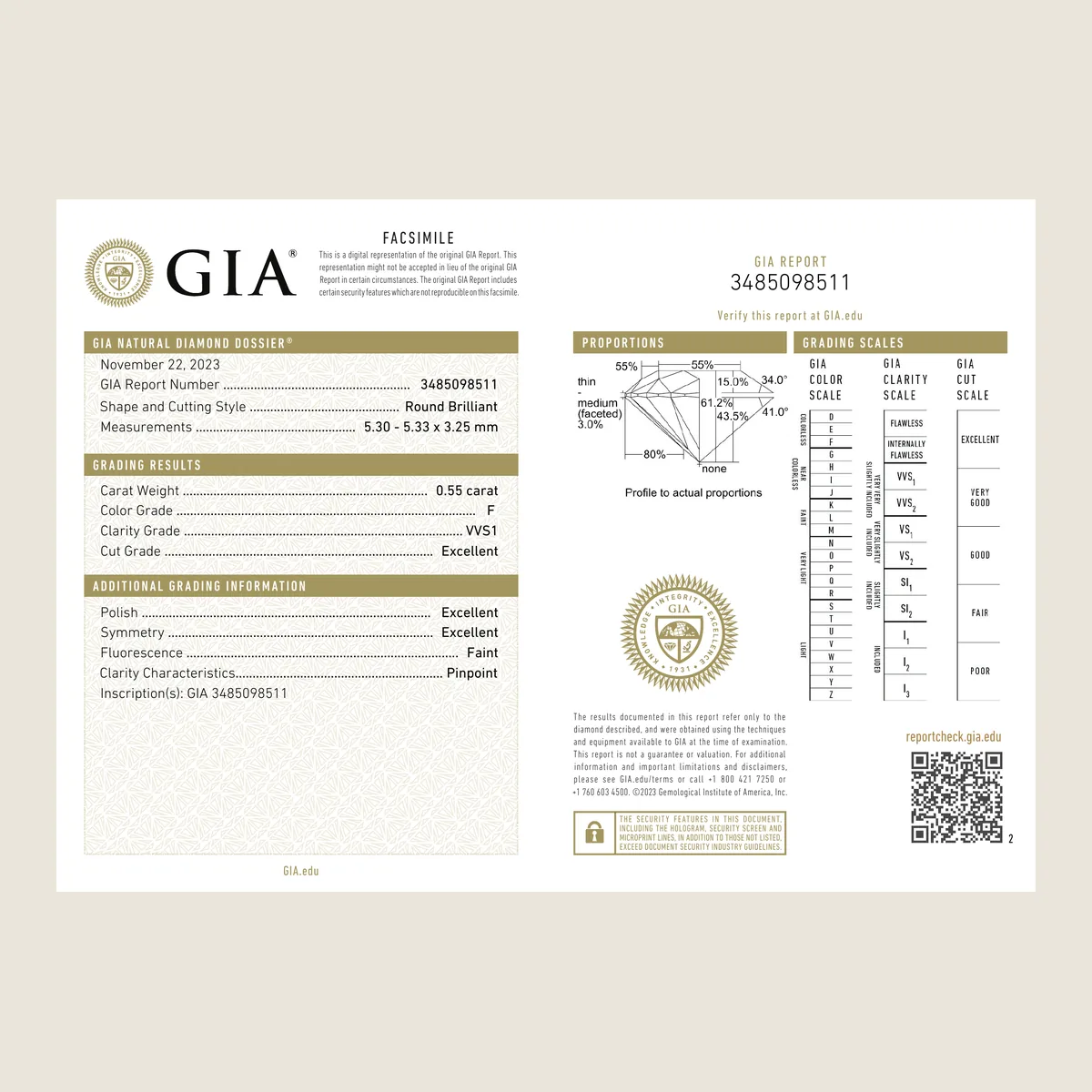 0.55ct Round F VVS1 GIA · 0.55 ct, F colour, VVS1 clarity, GIA certified