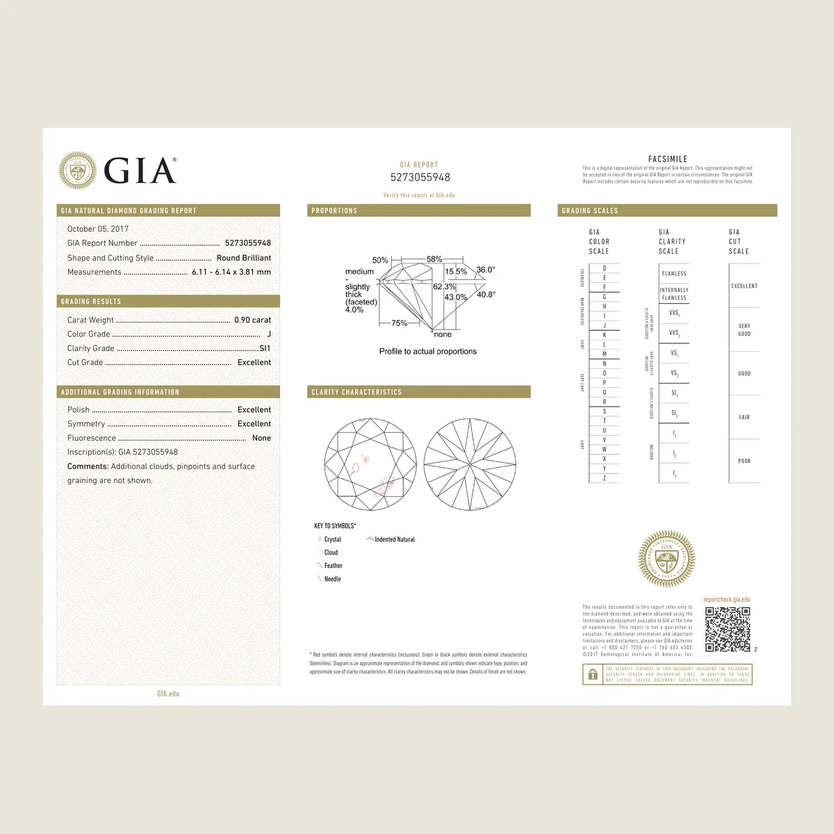 0.90ct Round J SI1 GIA · 0.90 ct, J colour, SI1 clarity, GIA certified