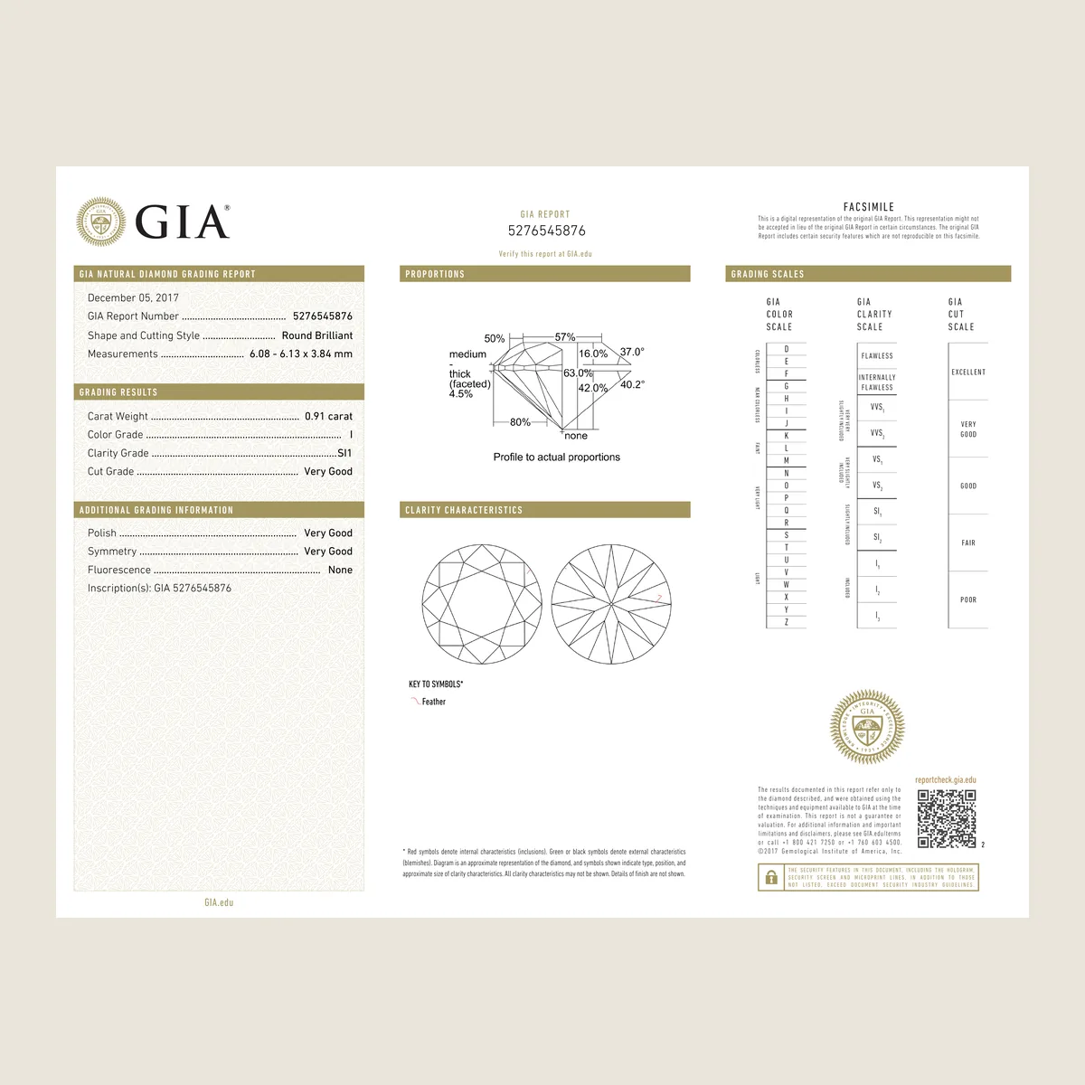 0.91ct Round I SI1 GIA · 0.91 ct, I colour, SI1 clarity, GIA certified