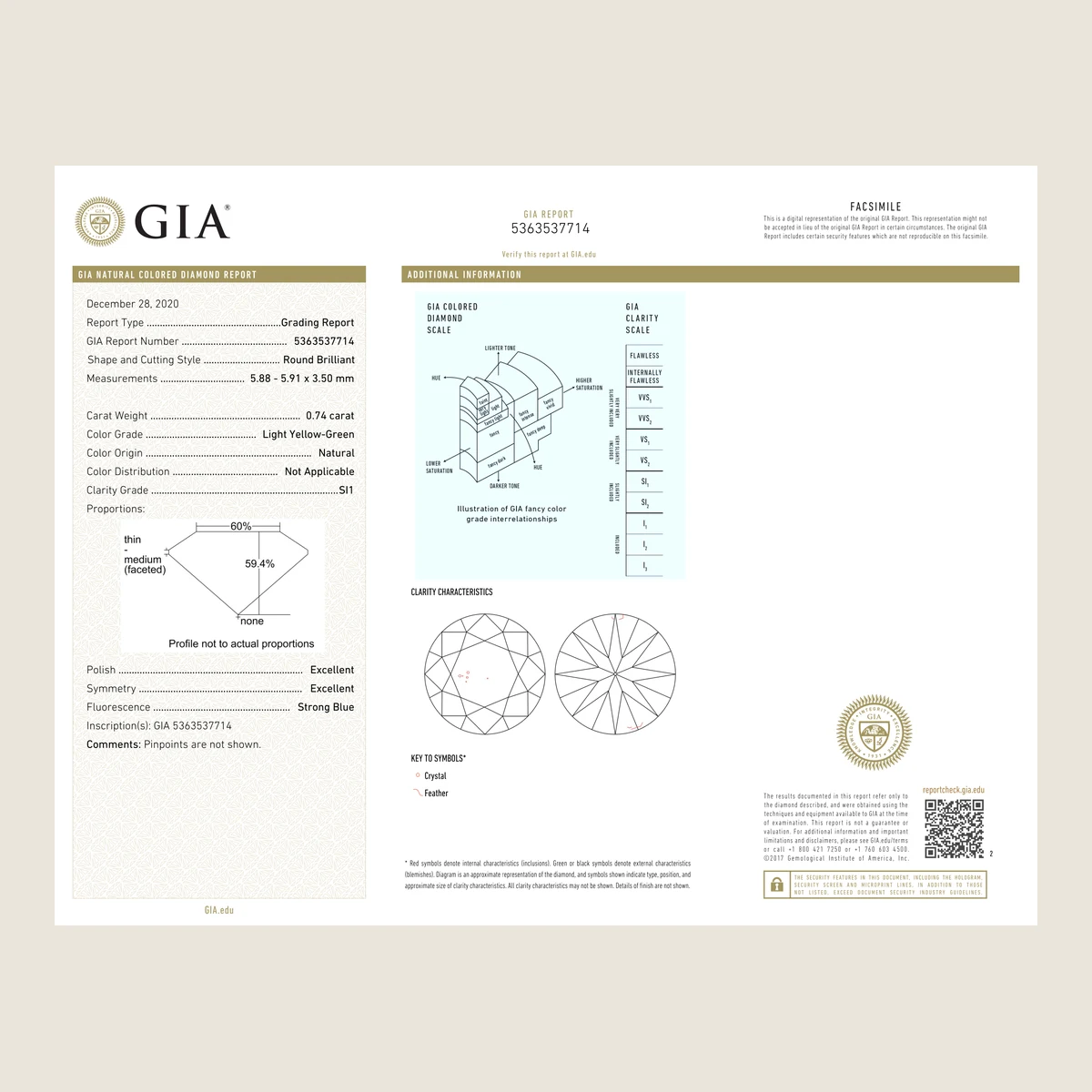 0.74ct Round Light Yellow-Green SI1 GIA · 0.74 ct, Light Yellow-Green colour, SI1 clarity, GIA certified