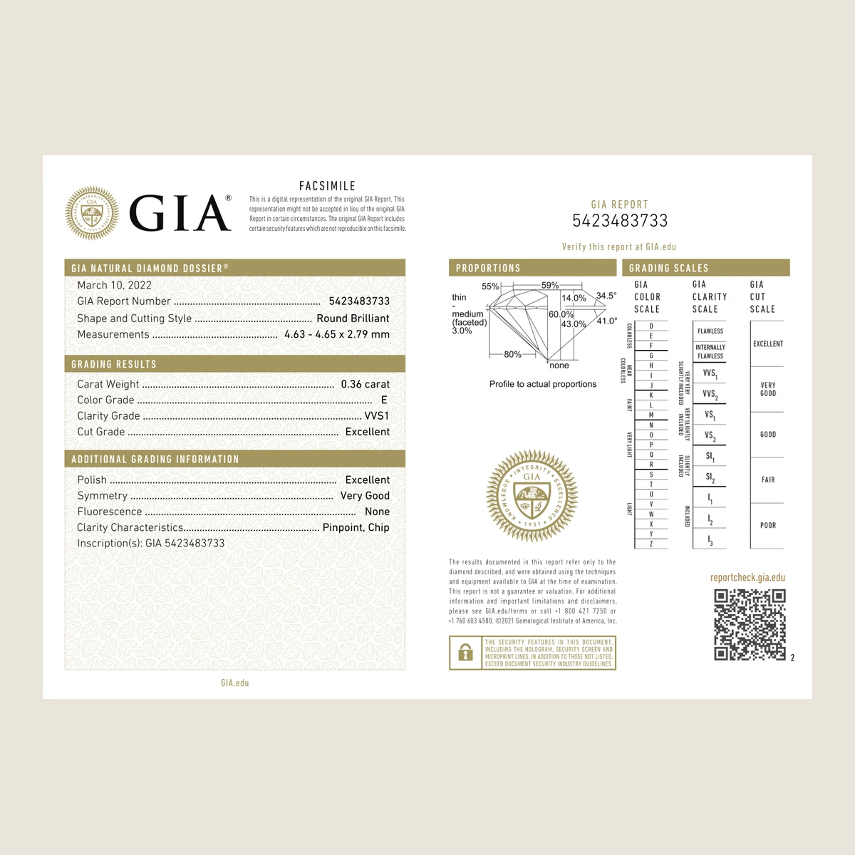 0.36ct Round E VVS1 GIA · 0.36 ct, E colour, VVS1 clarity, GIA certified