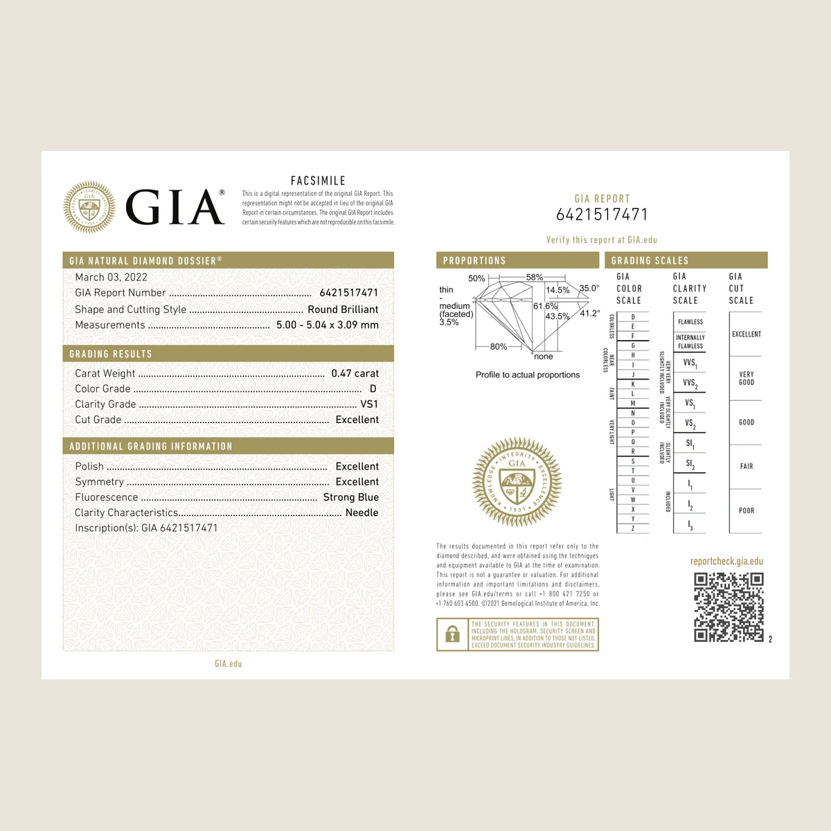0.47ct Round D VS1 GIA · 0.47 ct, D colour, VS1 clarity, GIA certified