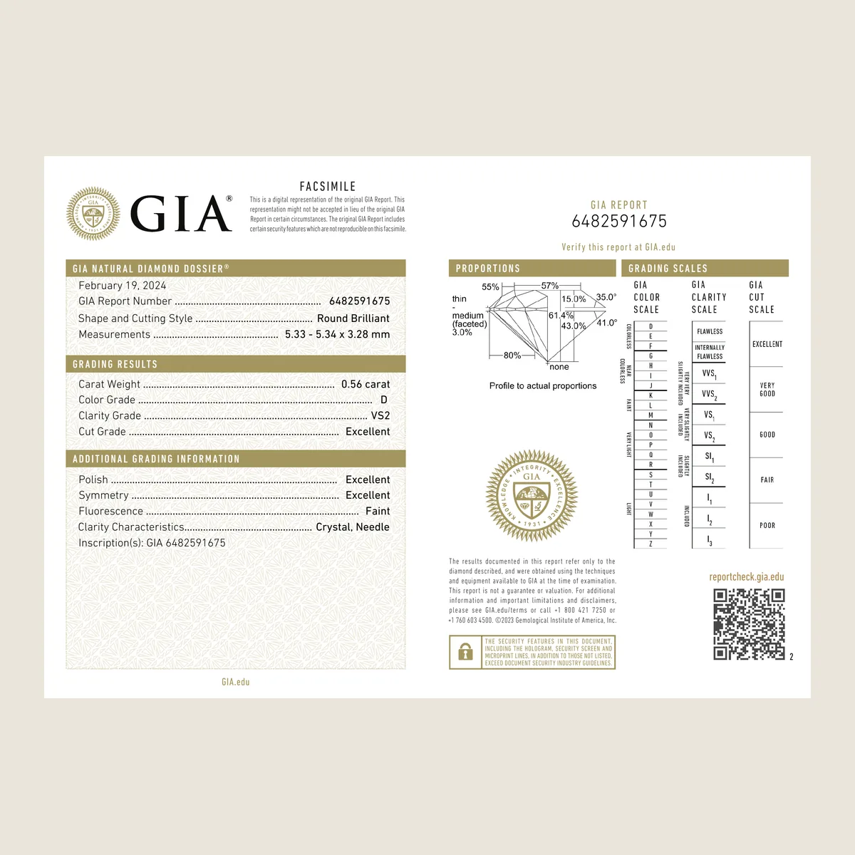 0.56ct Round D VS2 GIA · 0.56 ct, D colour, VS2 clarity, GIA certified
