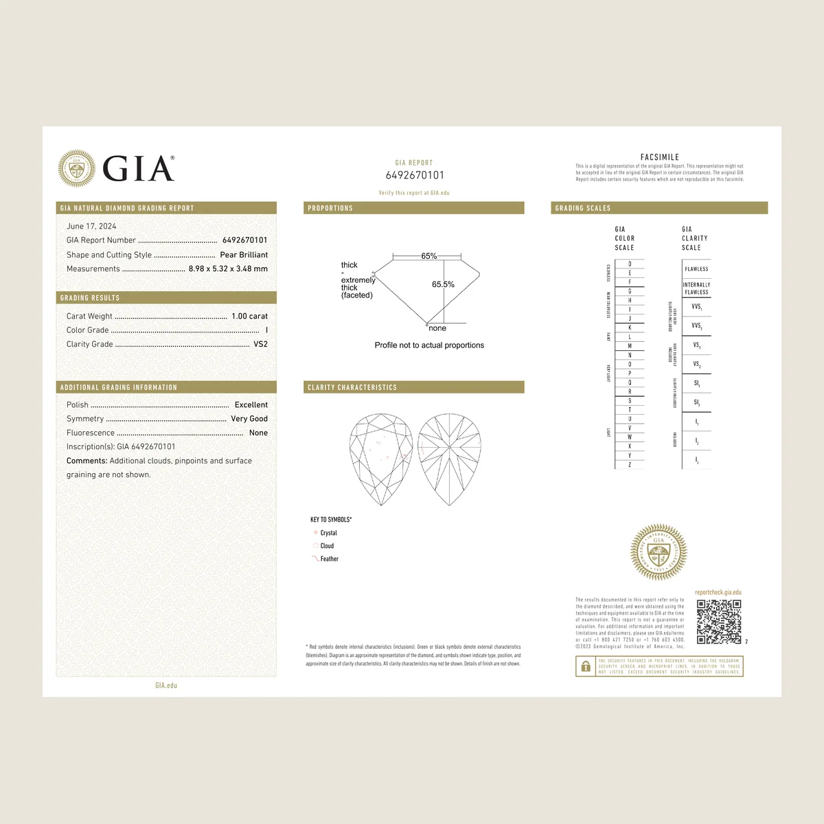 1.00ct Pear I VS2 GIA · 1.00 ct, I colour, VS2 clarity, GIA certified