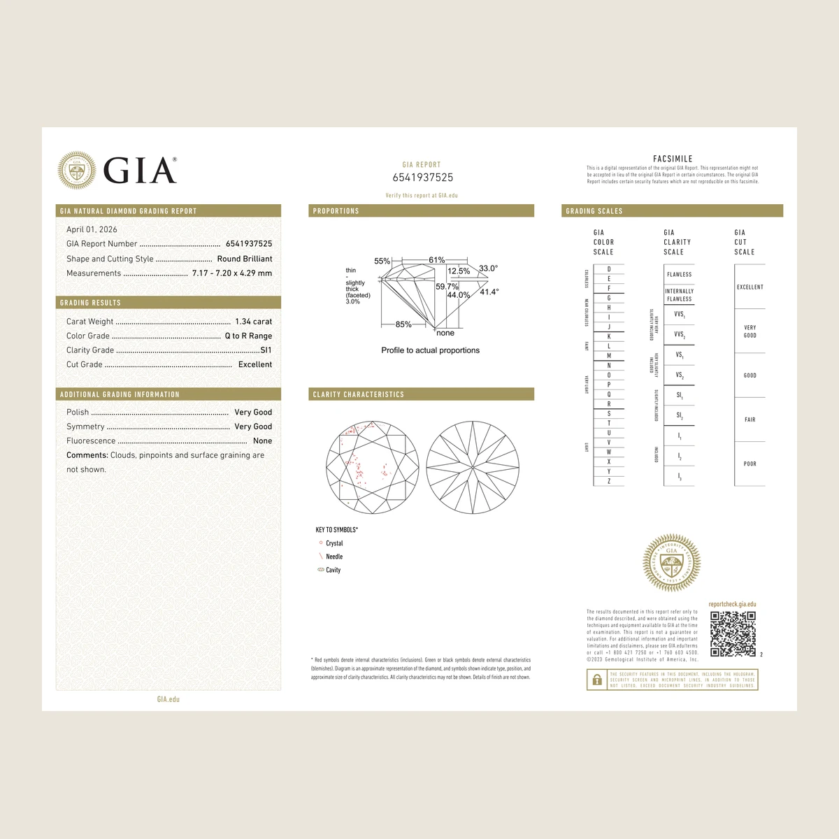 1.34ct Round Q SI1 GIA · 1.34 ct, Q colour, SI1 clarity, GIA certified