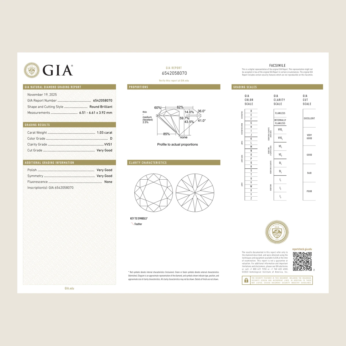 1.03ct Round D VVS1 GIA · 1.03 ct, D colour, VVS1 clarity, GIA certified