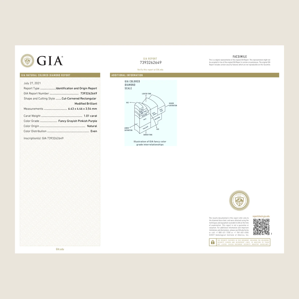1.01ct Radiant Fancy G.Pink Purple P3 GIA · 1.01 ct, Fancy G.Pink Purple colour, P3 clarity, GIA certified