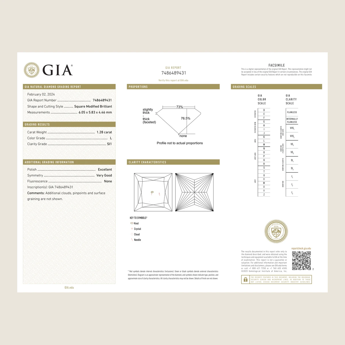 1.28ct Princess L SI1 GIA · 1.28 ct, L colour, SI1 clarity, GIA certified