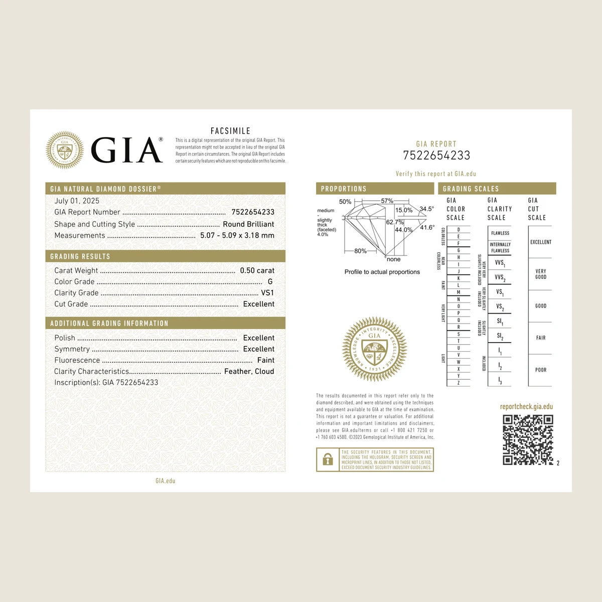 0.50ct Round G VS1 GIA · 0.5 ct, G colour, VS1 clarity, GIA certified