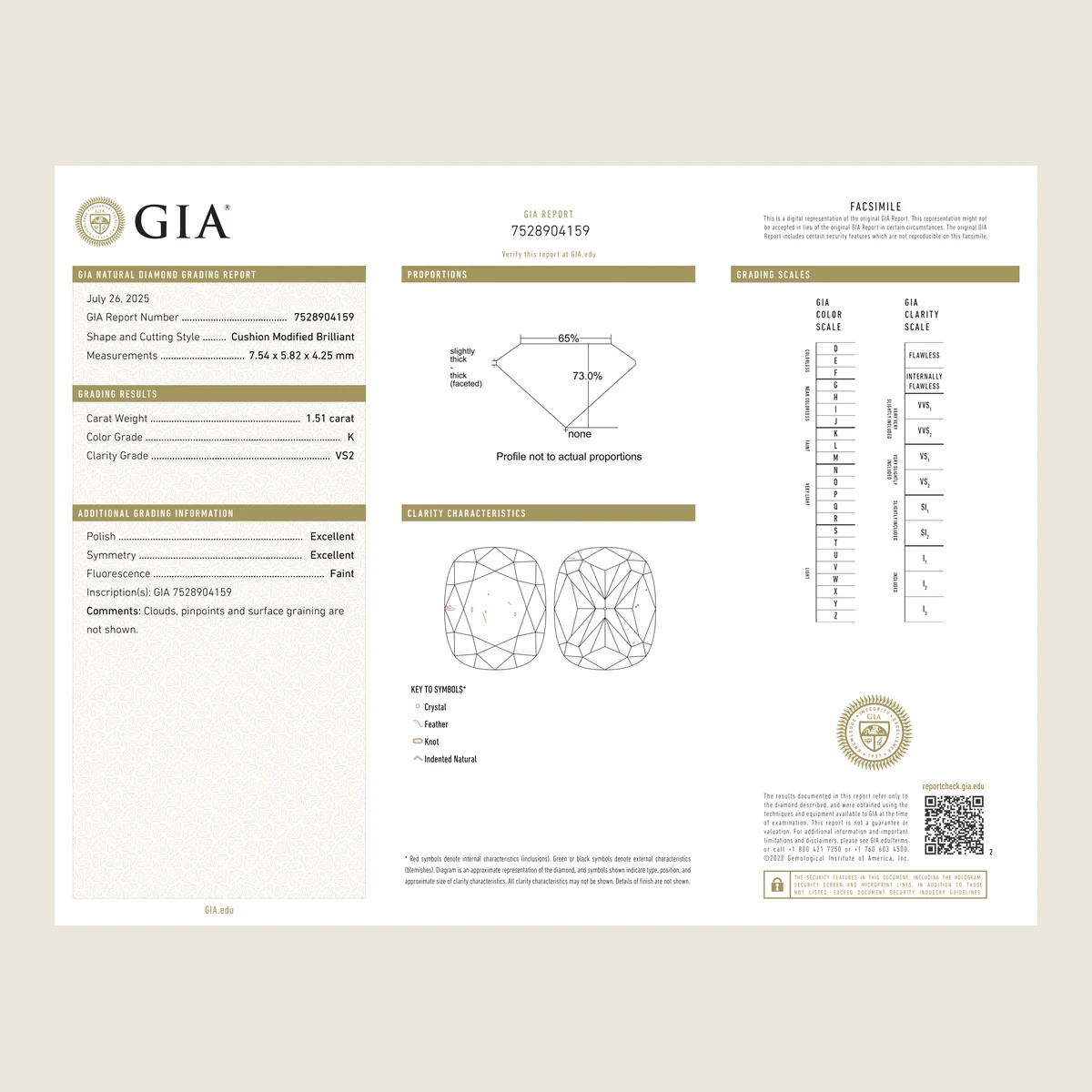1.51ct Cushion K VS2 GIA · 1.51 ct, K colour, VS2 clarity, GIA certified