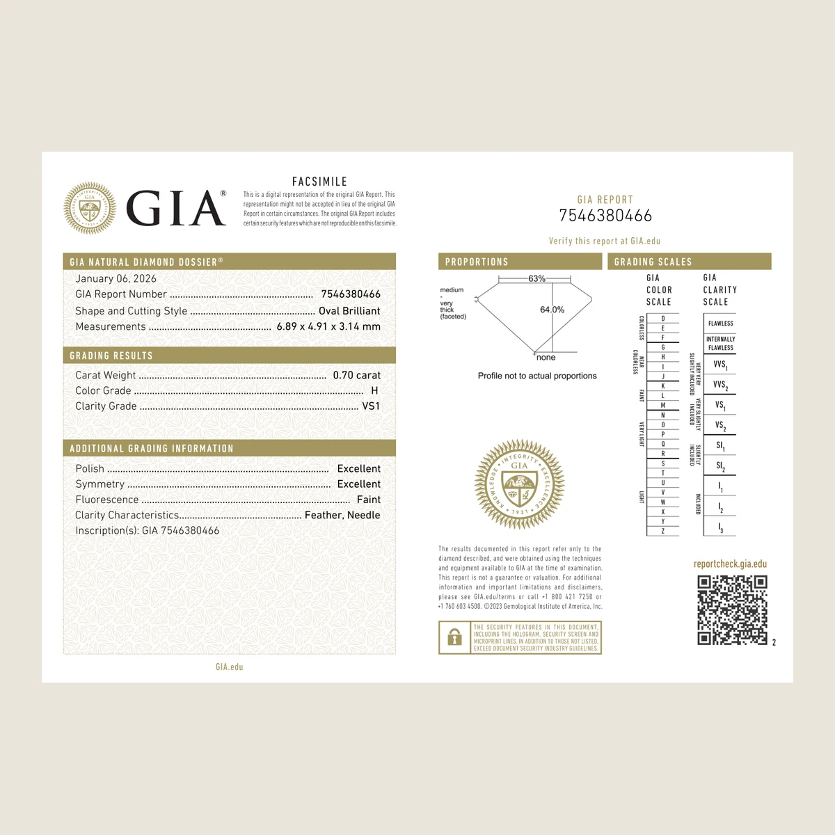 0.70ct Oval H VS1 GIA · 0.7 ct, H colour, VS1 clarity, GIA certified