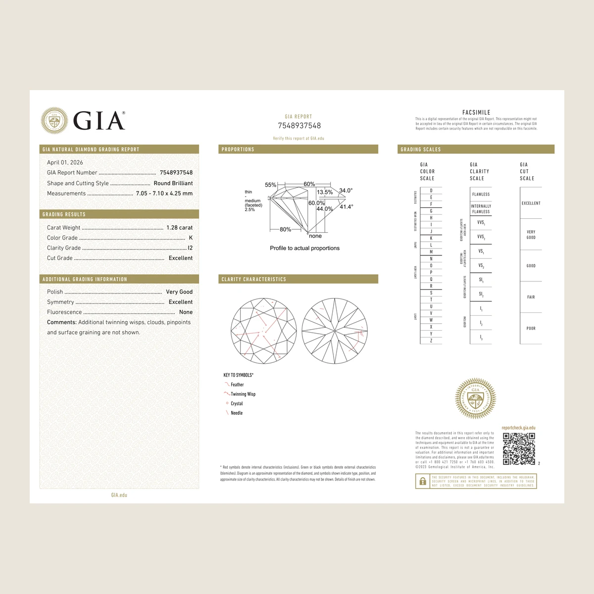 1.28ct Round K I2 GIA · 1.28 ct, K colour, I2 clarity, GIA certified