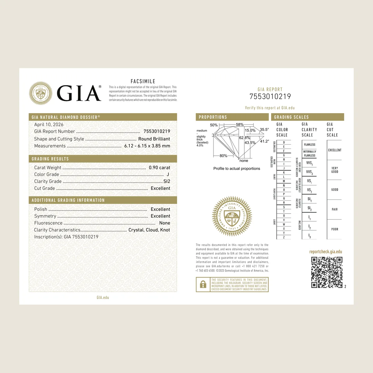 0.90ct Round J SI2 GIA · 0.90 ct, J colour, SI2 clarity, GIA certified