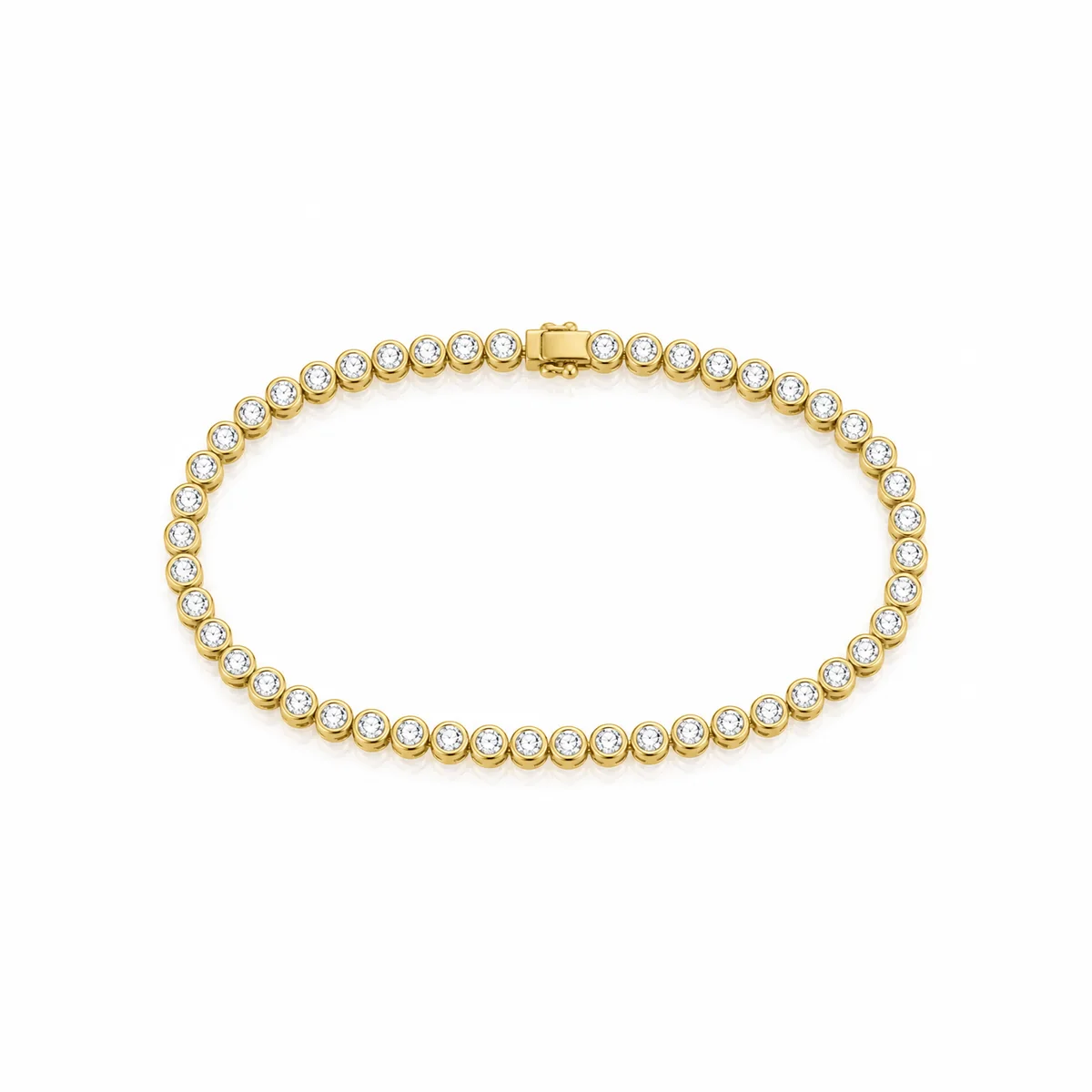 Bezel tennis bracelet diamond bracelet in 18k yellow gold, round diamond, made to order by Prodiam (rendered design reference)