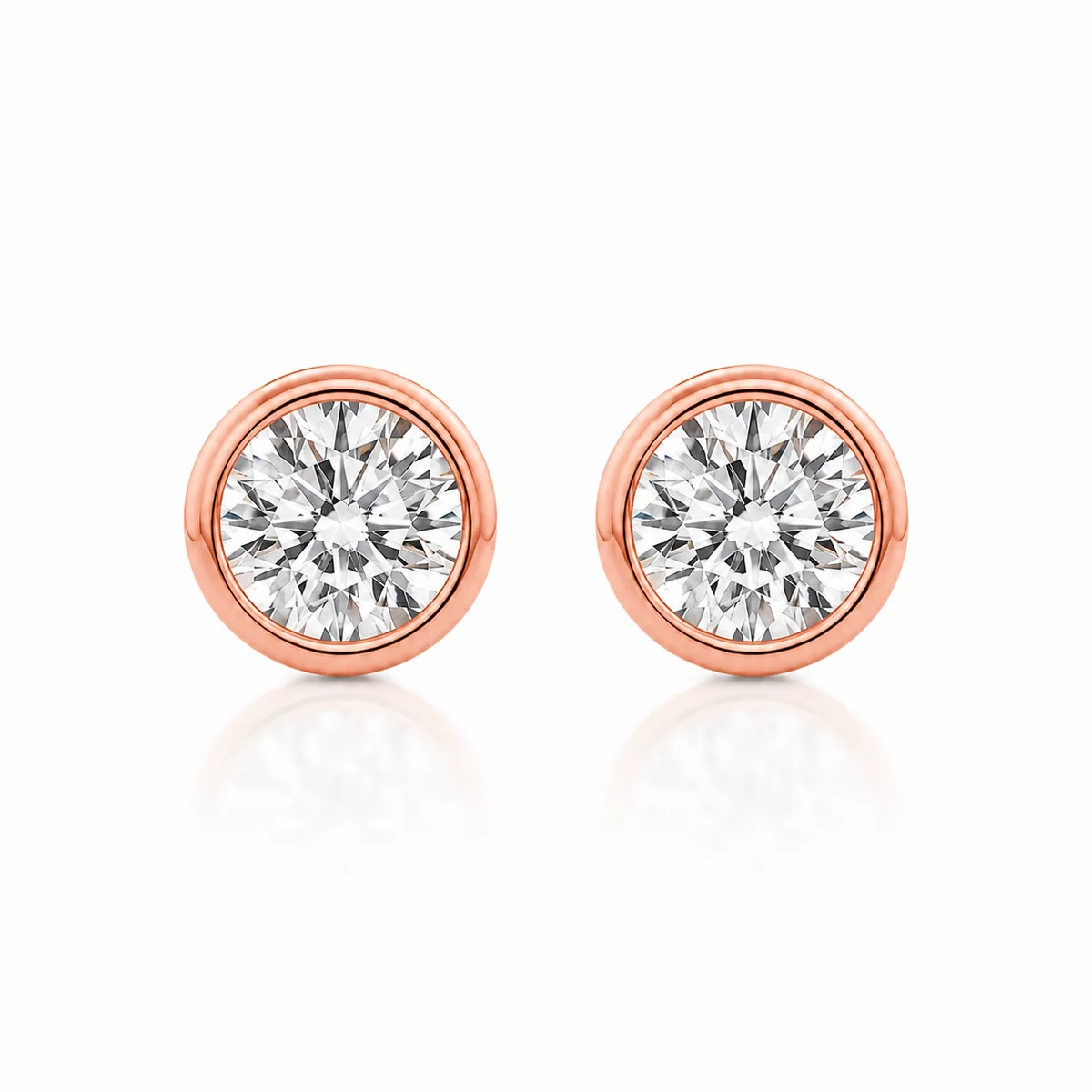 Bezel studs diamond earrings in 18k rose gold, round diamond, made to order by Prodiam (rendered design reference)