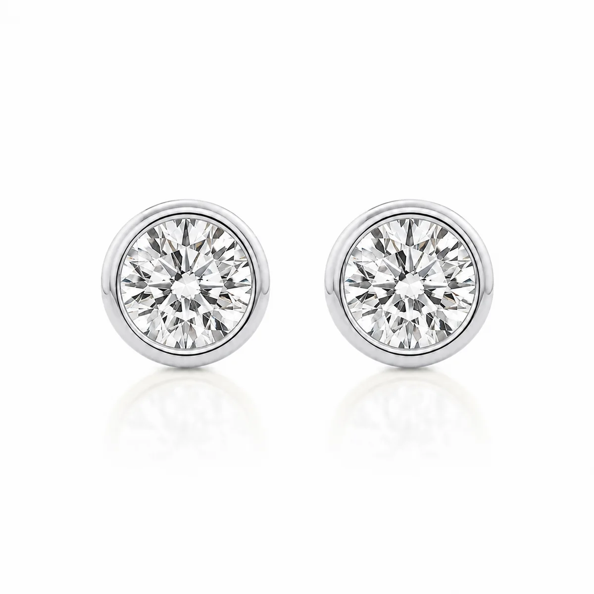 Bezel studs diamond earrings in 18k white gold, round diamond, made to order by Prodiam (rendered design reference)