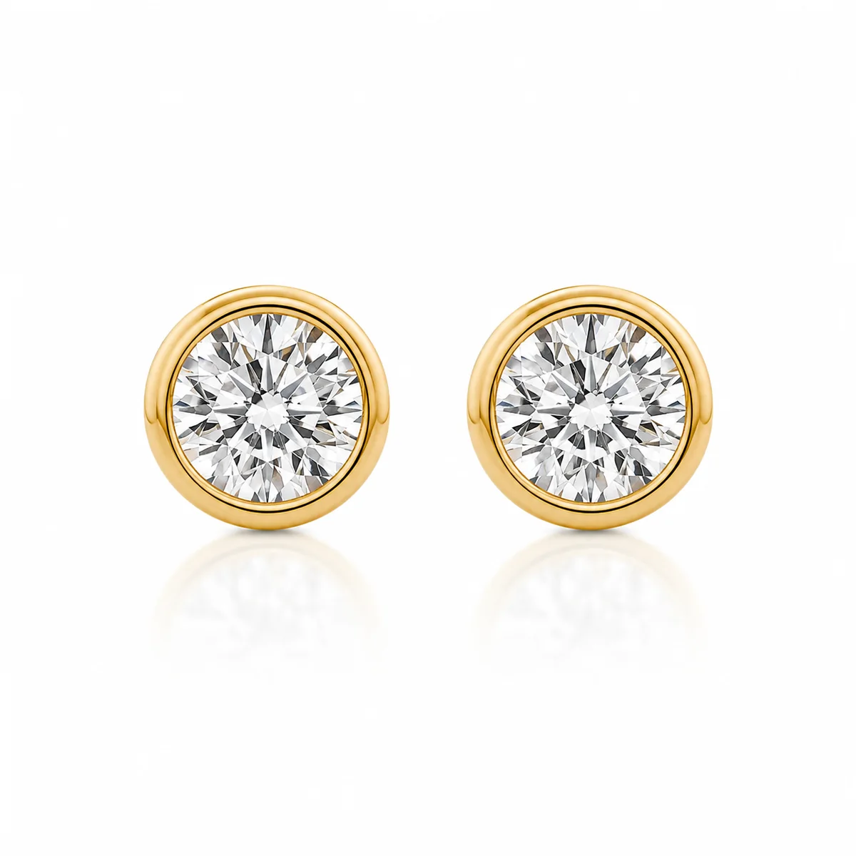 Bezel studs diamond earrings in 18k yellow gold, round diamond, made to order by Prodiam (rendered design reference)