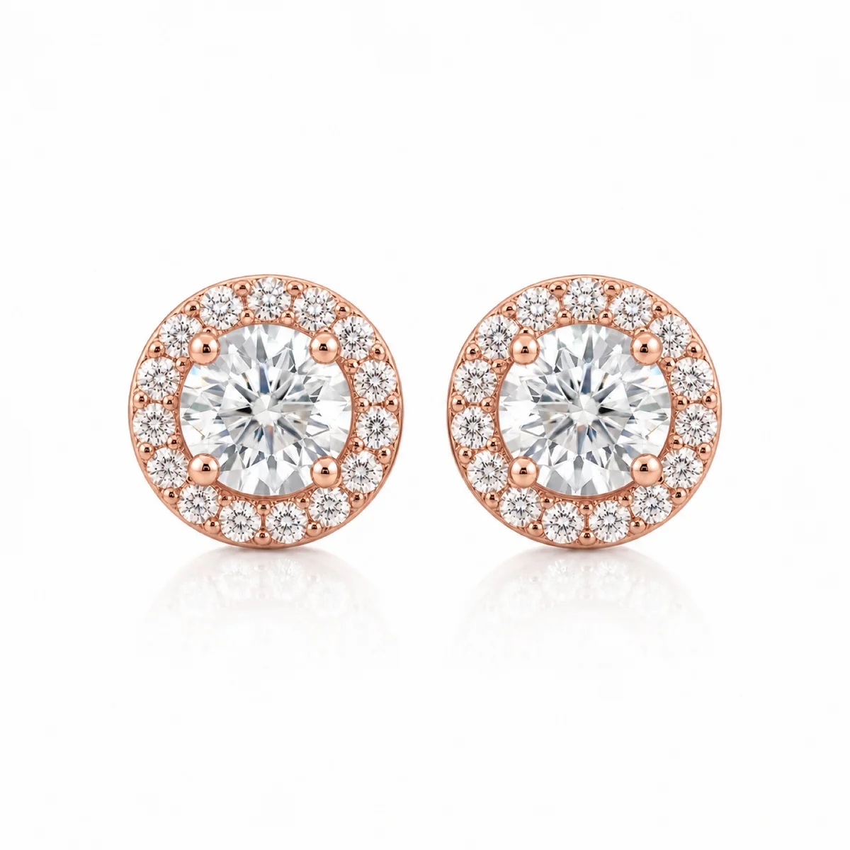 Halo studs diamond earrings in 18k rose gold, round diamond, made to order by Prodiam (rendered design reference)